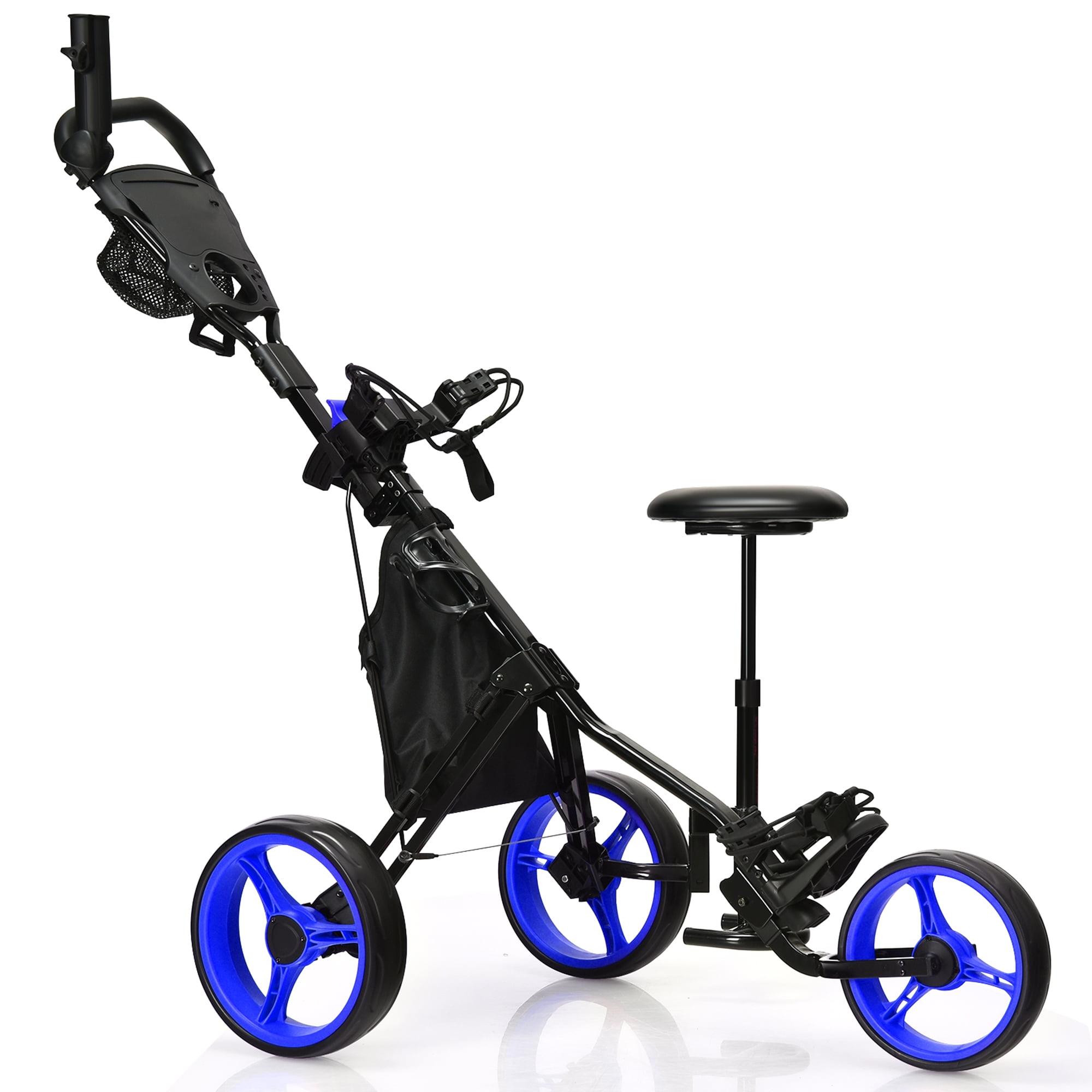 Gymax 3-Wheel Foldable Golf Push Pull Cart Trolley w/ Seat Adjustable  Handle Blue