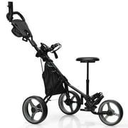 Gymax 3-Wheel Foldable Golf Push Pull Cart Trolley w/ Seat Adjustable Handle Green