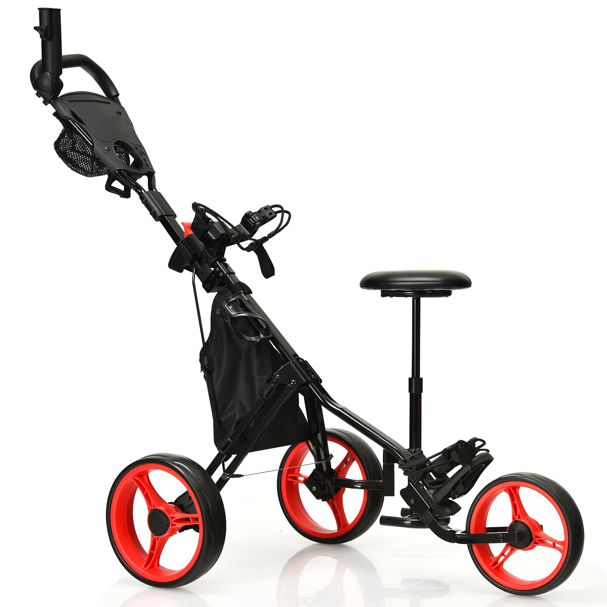 3 Wheel Foldable Push Pull Golf Cart Club Trolley w/ Seat Scoreboard Bag Red