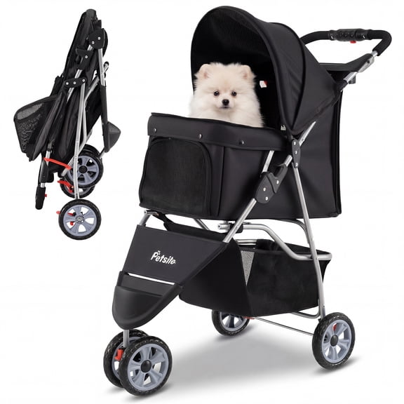 Gymax 3-Wheel Pet Stroller for Dogs Cats up to 33 LBS Foldable w/ Breathable Mesh Black