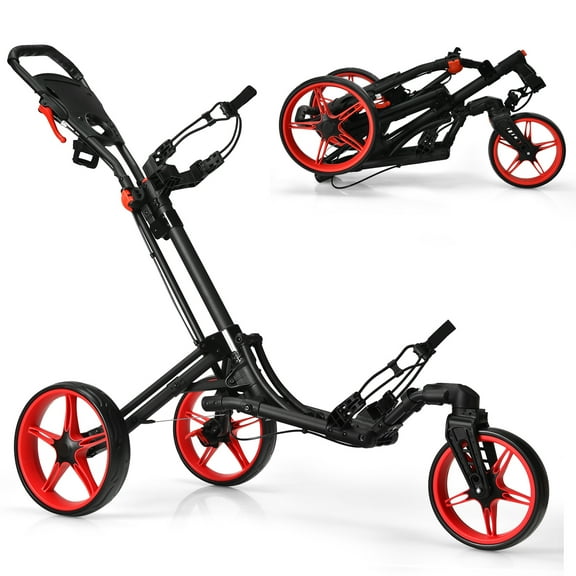 Gymax 3 Wheels Foldable Golf Push Pull Cart Trolley w/ Adjustable Handle Brake Red