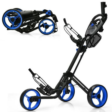Gymax 3 Wheels Foldable Golf Push Pull Cart Trolley w/ Mesh Bag Foot Brake Blue