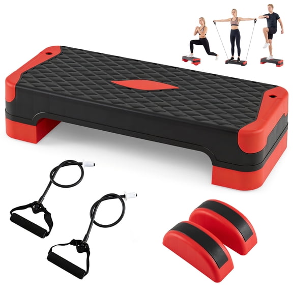 Gymax 3-in-1 Aerobic Step Platform SetAdjustable Workout Stepper Surface for HomeGym Red & Black