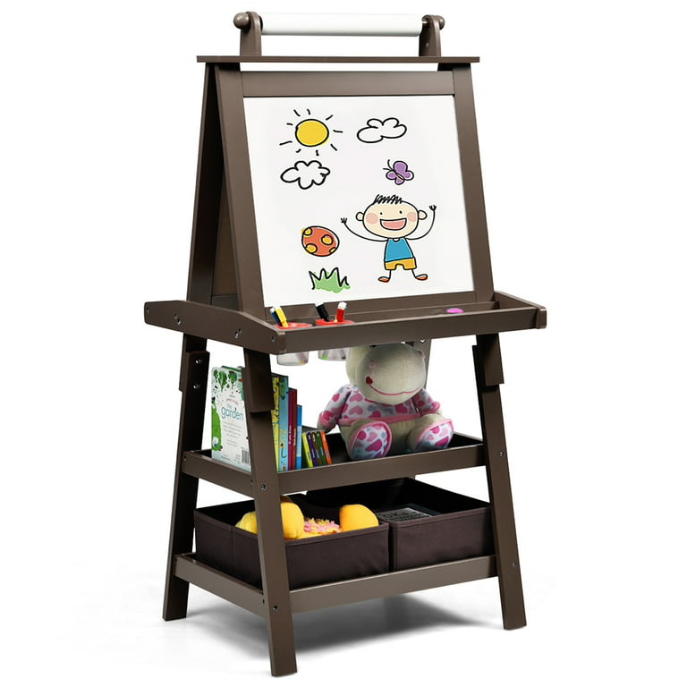 Gymax 3 in 1 Double-Sided Storage Art Easel w/ Paint Cups for Toddlers  Writing Coffee