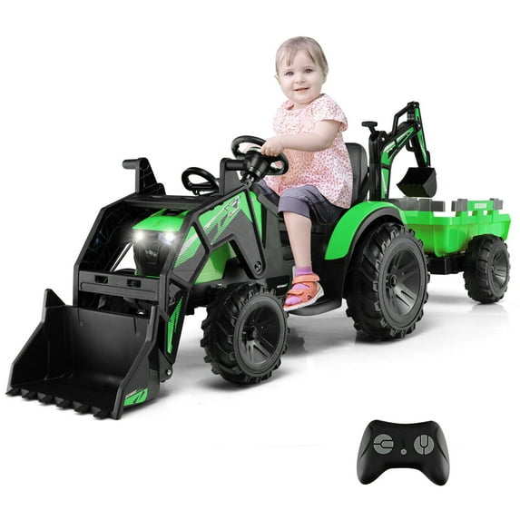 Gymax 3-in-1 Kids Ride On Excavator Bulldozer 12V Electric Tractor Remote w/ Trailer Green