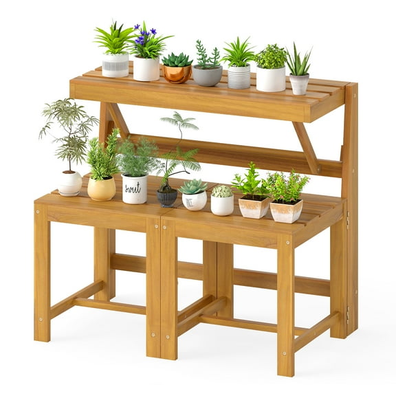 Gymax 3-in-1 Outdoor Acacia Wood Loveseat Bench Furnitur w/ Slatted Seat for Garden