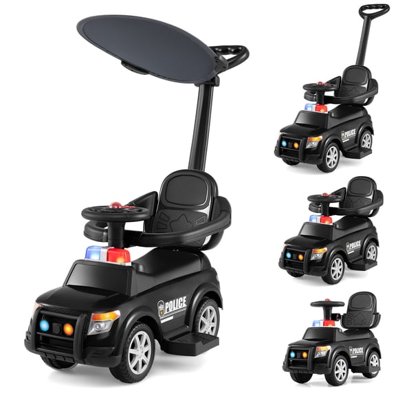 Gymax 3-in-1 Toddler Push Car w/ Handle & Canopy Siren & Flashing Light Safety Rails Black