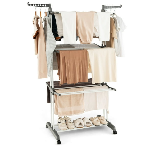Gymax 3-tier Folding Clothes Drying Rack w/ Rotatable Side Wings & Collapsible Shelves