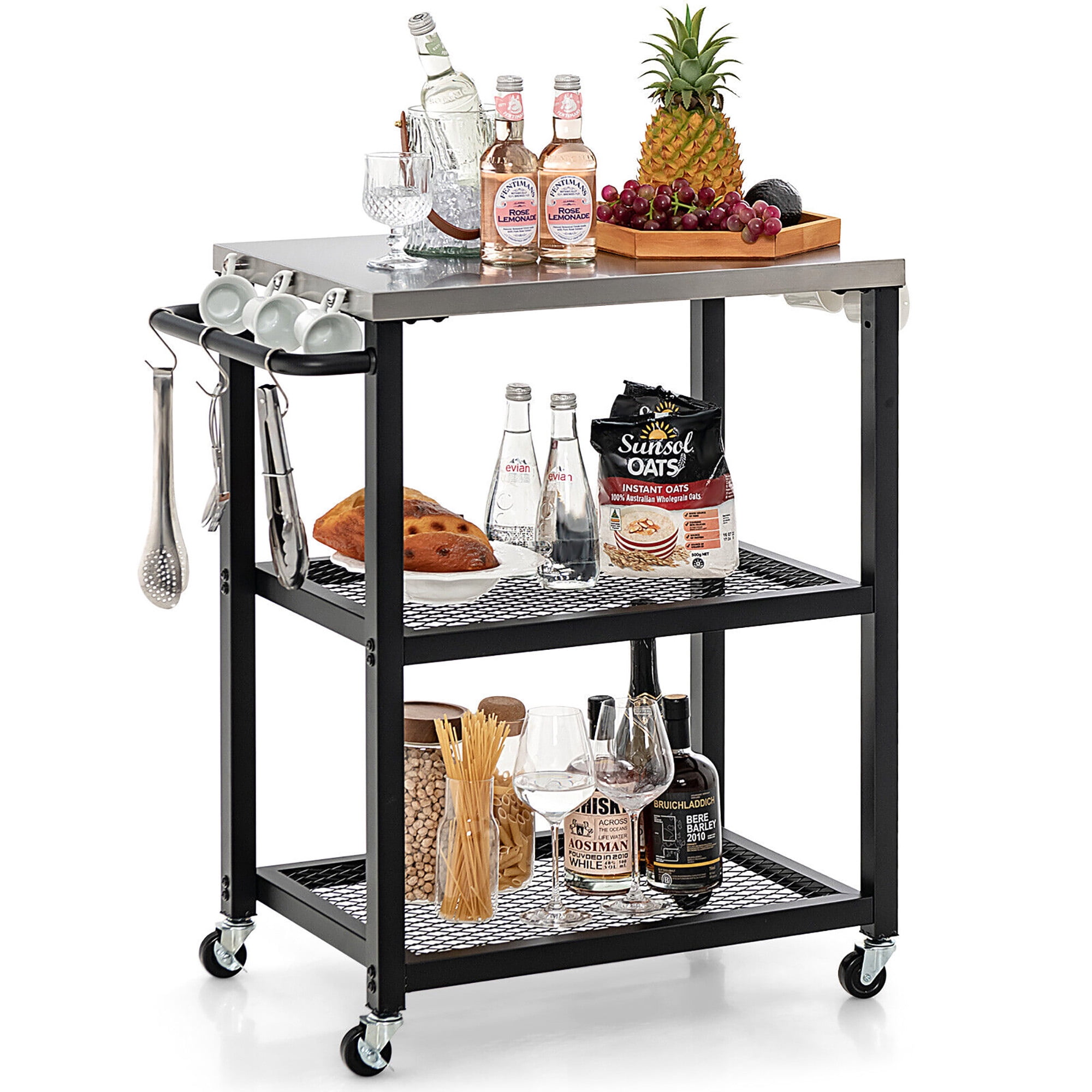 Black and Silver 3-Tier Outdoor Grill Cart with Stainless Steel Top