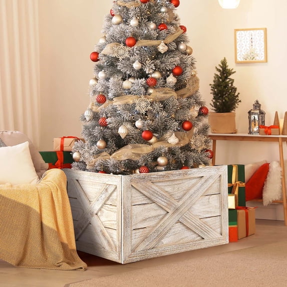 Gymax 30.5 x 22.5 inches Solid Wooden Christmas Tree Box w/ Hook & Loop Fasteners Brown