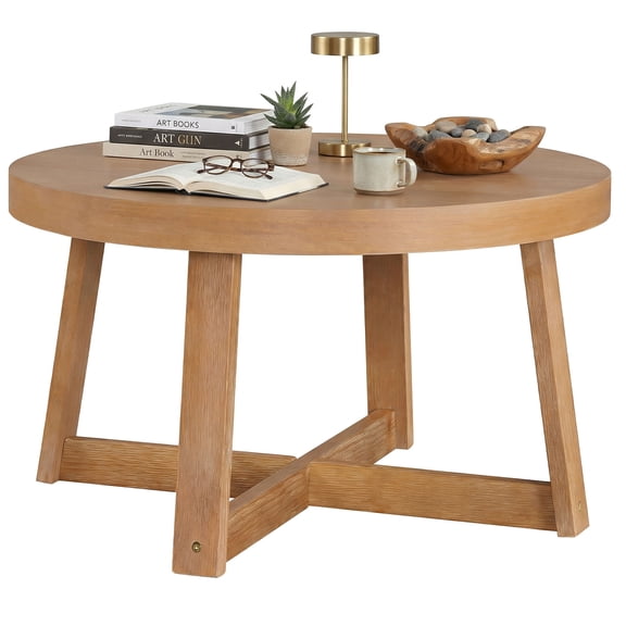 Gymax 30'' Round Coffee Table w/Solid Wood Cross-Shaped Base.Farmhouse Accent Tea Table