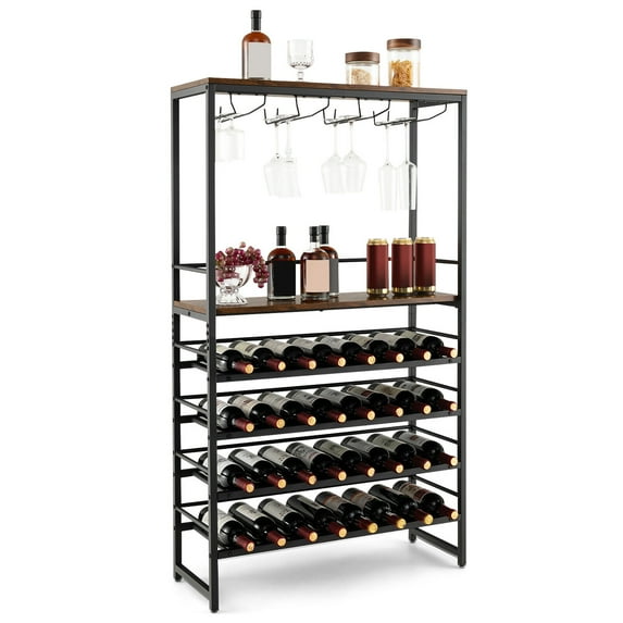 Gymax 32 Bottles Wine Rack Rustic Wine Storage Holder Freestanding W/ Glass Holder