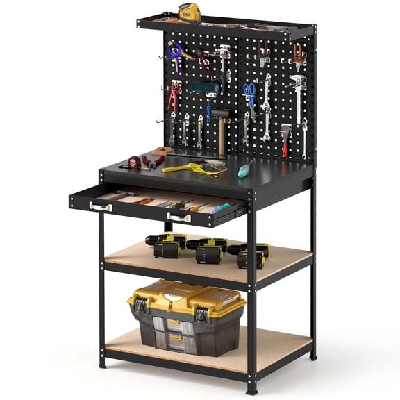 Gymax 32'' x 16'' Workbench w/ Pegboard 20PCS Tool Hooks Drawer & Open Shelves Black