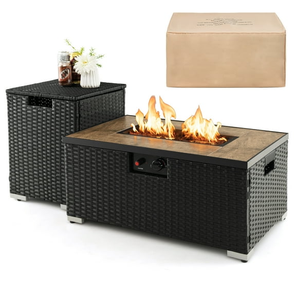 Gymax 32''x 20'' Propane Rattan Fire Pit Table Set w/ Side Table Tank & Cover 40,000 BTU