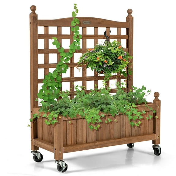 Gymax 32in Wood Planter Box w/Trellis Mobile Raised Bed for Climbing Plant