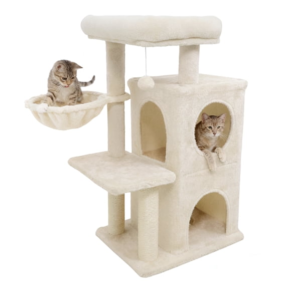 Gymax 33.5'' Cat Tree w/ 2-Tier Condo Padded Plush Top Perch Sisal Scratching Posts Beige