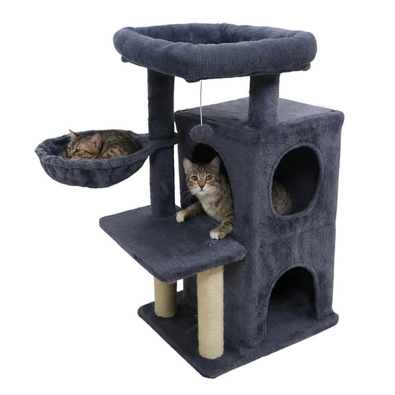 Gymax 33.5'' Cat Tree w/ 2-Tier Condo Padded Plush Top Perch Sisal Scratching Posts Deep Gray