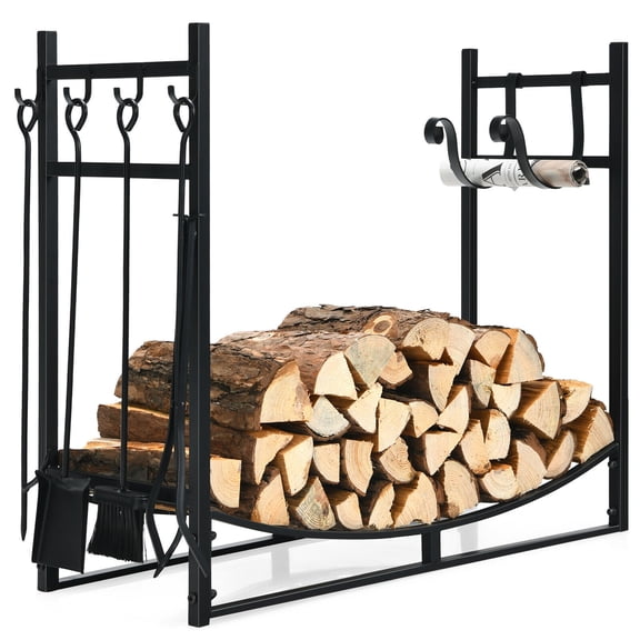 Gymax 36'' Fireplace Log Rack W/ 4 Tool Set Kindling Holders for Indoor Outdoor
