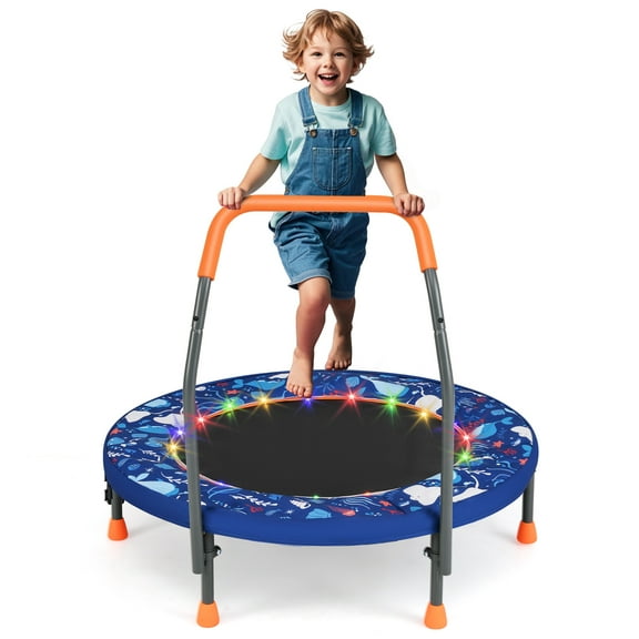 Gymax 36'' Foldable Kid Trampoline w/ 20 LED Lights Foam Handlebar Padded Safety Cover Navy