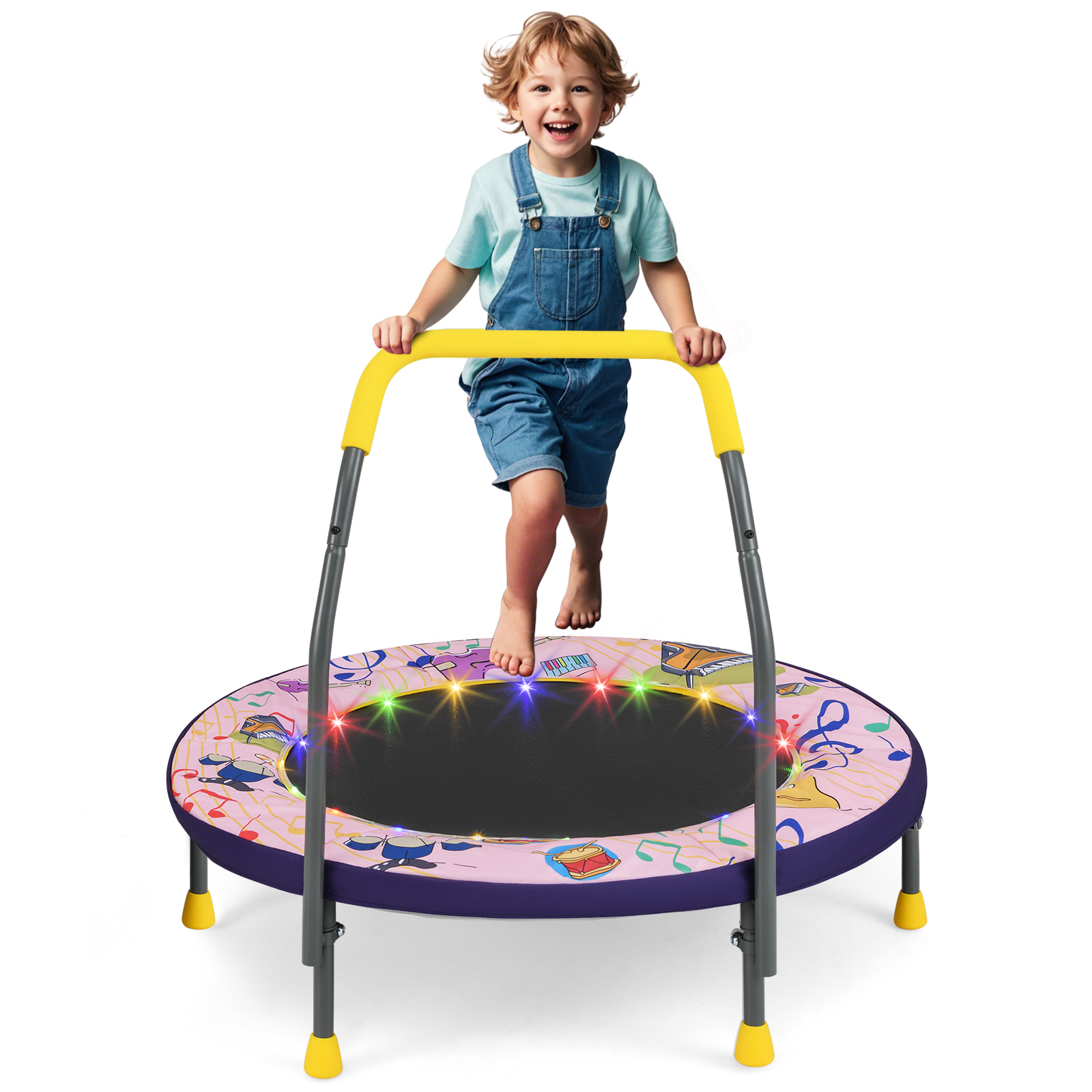 Gymax 36'' Foldable Kid Trampoline w/ 20 LED Lights Foam Handlebar Padded Safety Cover Pink