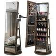 thumbnail image 1 of Gymax 360° Swivel Jewelry Cabinet Full Length Mirror w/Built-in Lights Rustic Brown, 1 of 9