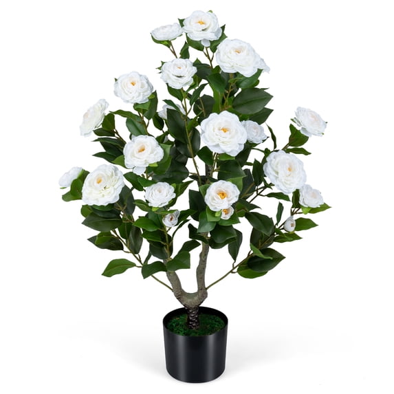 Gymax Artificial Camellia Tree 35.5'' Faux Flower Plant in Cement-Filled Pot Maintenance-Free Realistic Greenery Potted Plant
