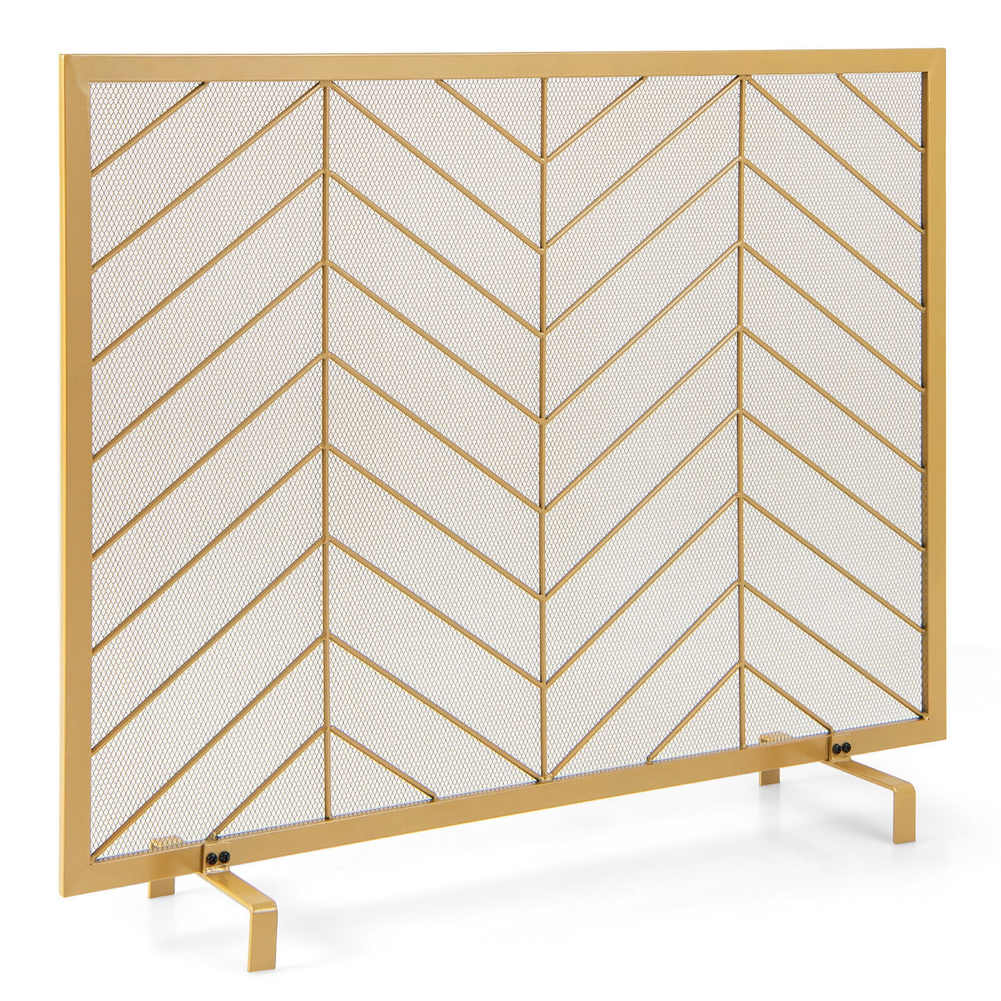 Gold Mesh Single Panel Fireplace Screen with Chevron Design