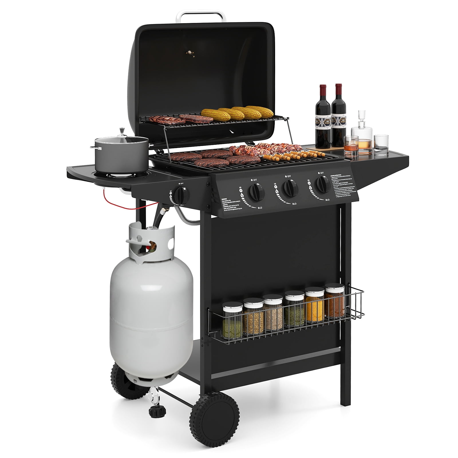 Gymax 39000 BTU Outdoor Cooking Grill w/ Storage Shelves & Porcelain-Enameled Grates