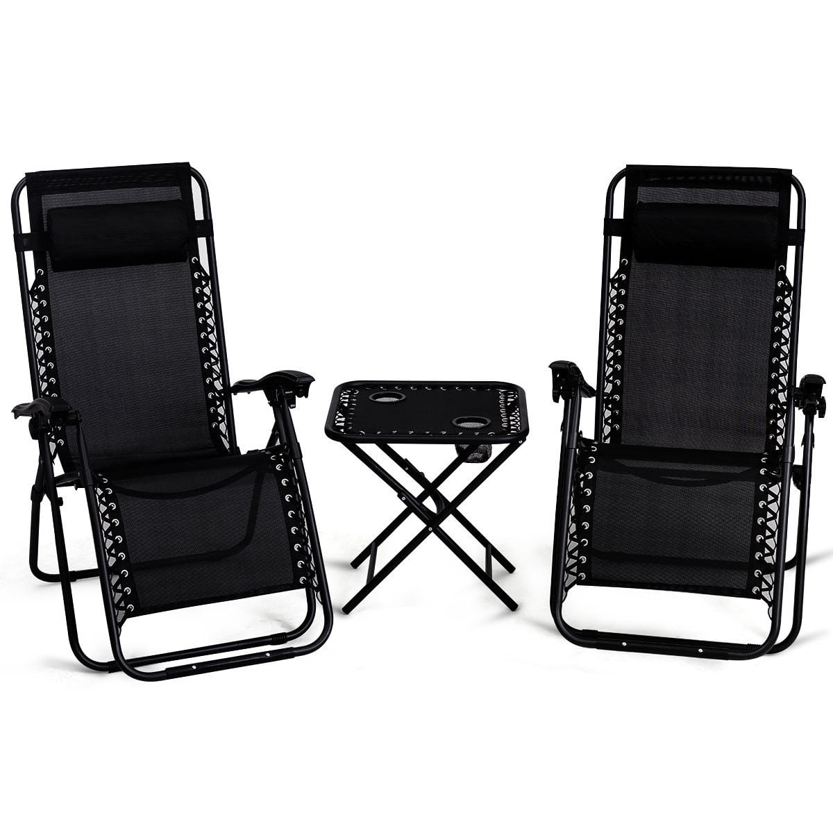 Gymax 3PC Zero Gravity Reclining Lounge Chairs Table Pillows Folding Portable Black