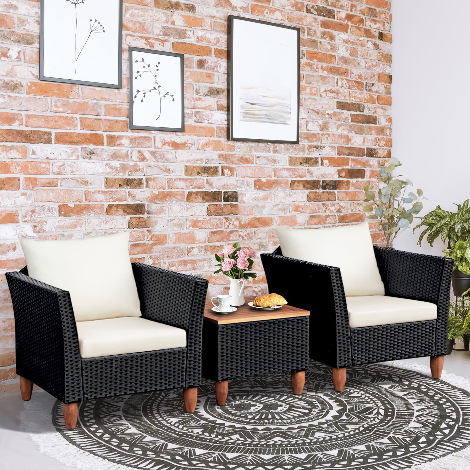 Gymax 3-Piece Outdoor Rattan Patio Furniture Set with Wooden Coffee Table and Padded Couch