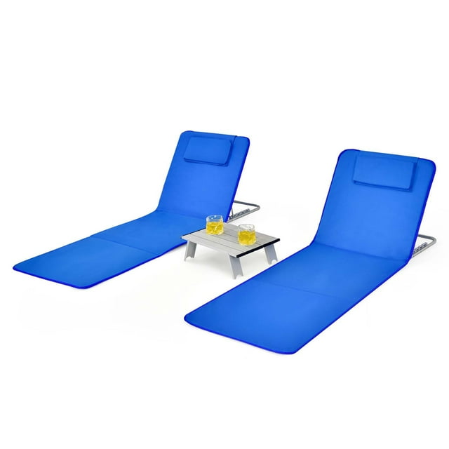 Gymax 3PCS Folding Beach Mat Set Adjustable Beach Lounge Chair & Side Table Set Blue