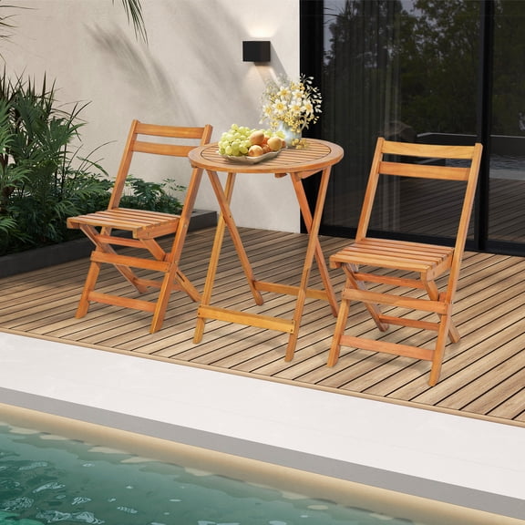 Gymax 3PCS Folding Bistro Set Solid Acacia Wood Table & Chairs Slatted Tabletop Patio