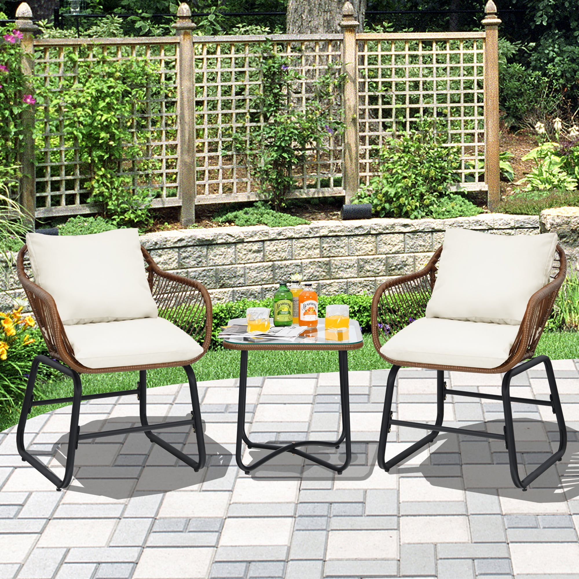 Gymax 3PCS Outdoor Bistro Set Patio Conversation Furniture Set w/ White Cushions