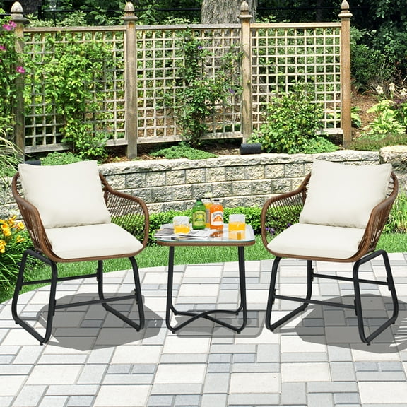 Gymax 3PCS Outdoor Bistro Set Patio Conversation Furniture Set w/ White Cushions