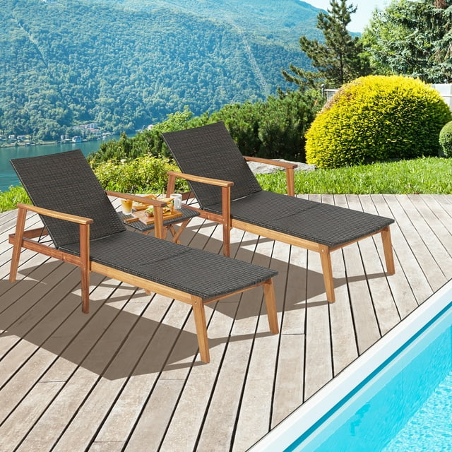 Gymax 3PCS Outdoor Chaise Lounge Set Patio Yard w/ Side Table Adjustable Backrest