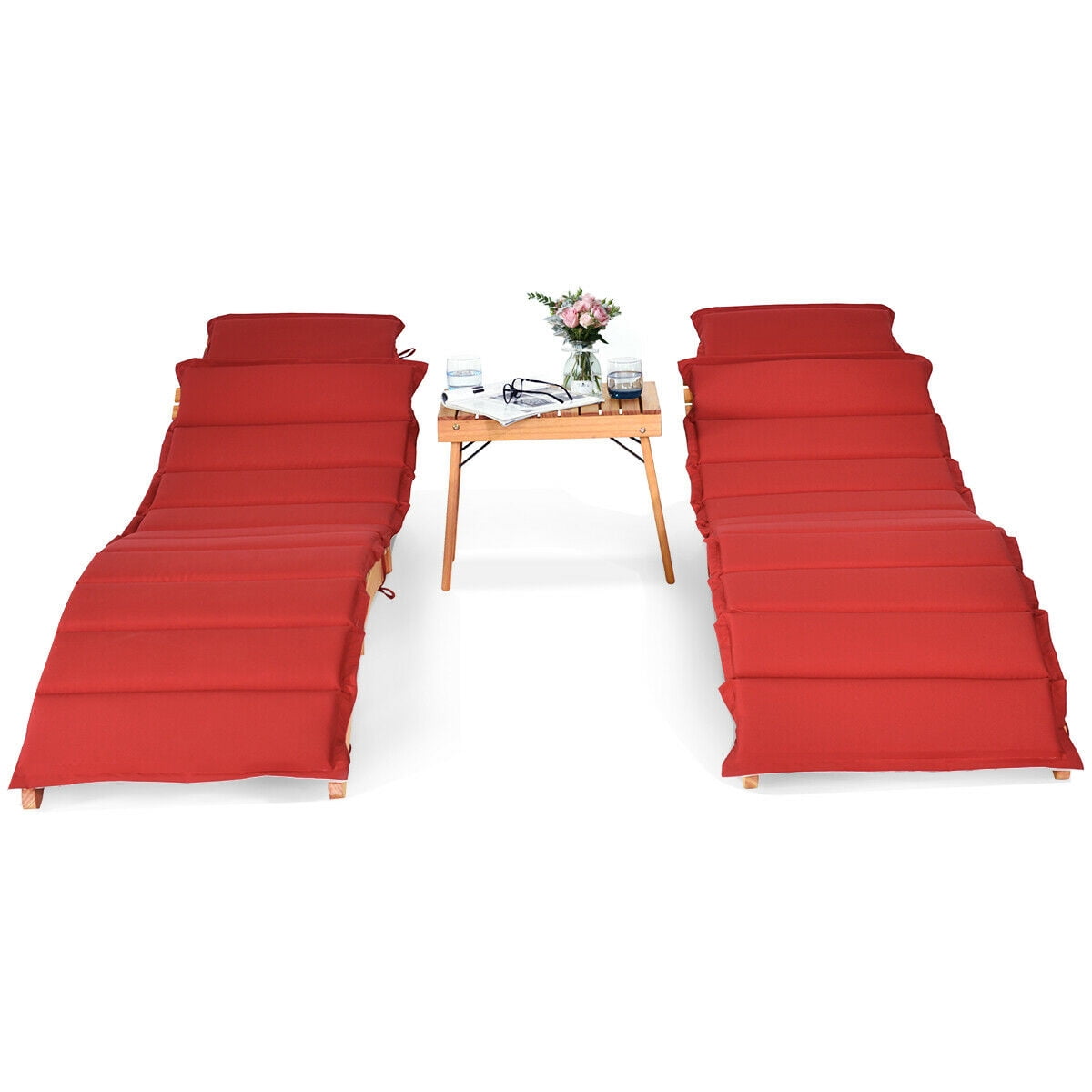 Gymax 3PCS Outdoor Folding Chair Eucalyptus Lounge Chair & Table Set w/ Cushion Double-sided