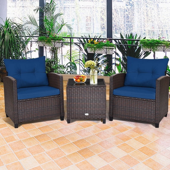 Gymax 3PCS Outdoor Patio Rattan Conversation Set, Brown wicker with Navy Cushions