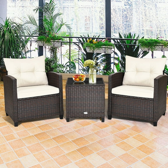 Gymax 3PCS Outdoor Patio Rattan Conversation Set Garden Yard w/ Off White Cushions