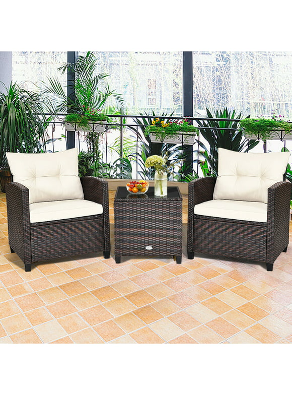 Gymax 3PCS Outdoor Patio Rattan Conversation Set Garden Yard w/ Off White Cushions