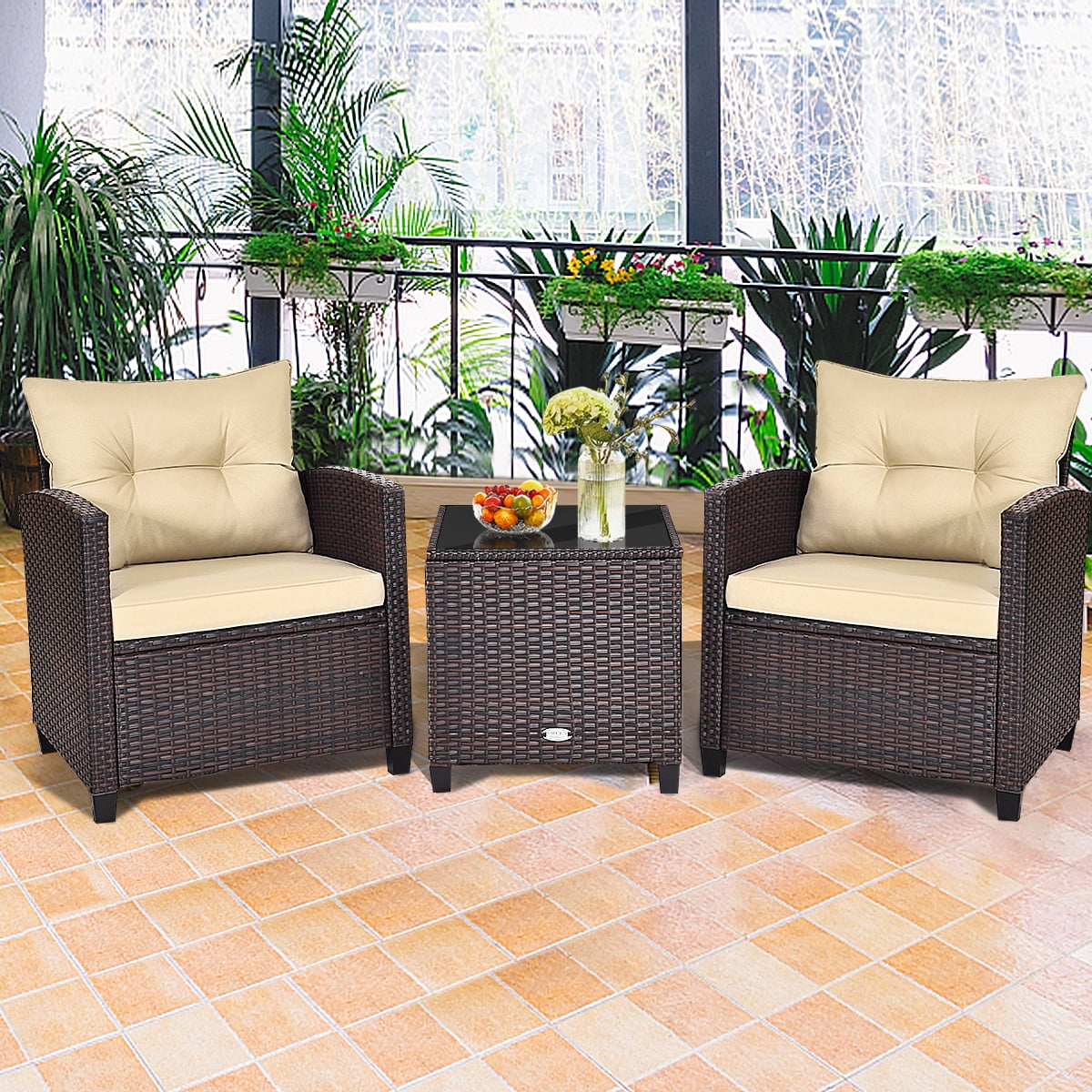 Gymax 3PCS Outdoor Patio Rattan Conversation Set w/ Cushion Coffee Table - Walmart.com