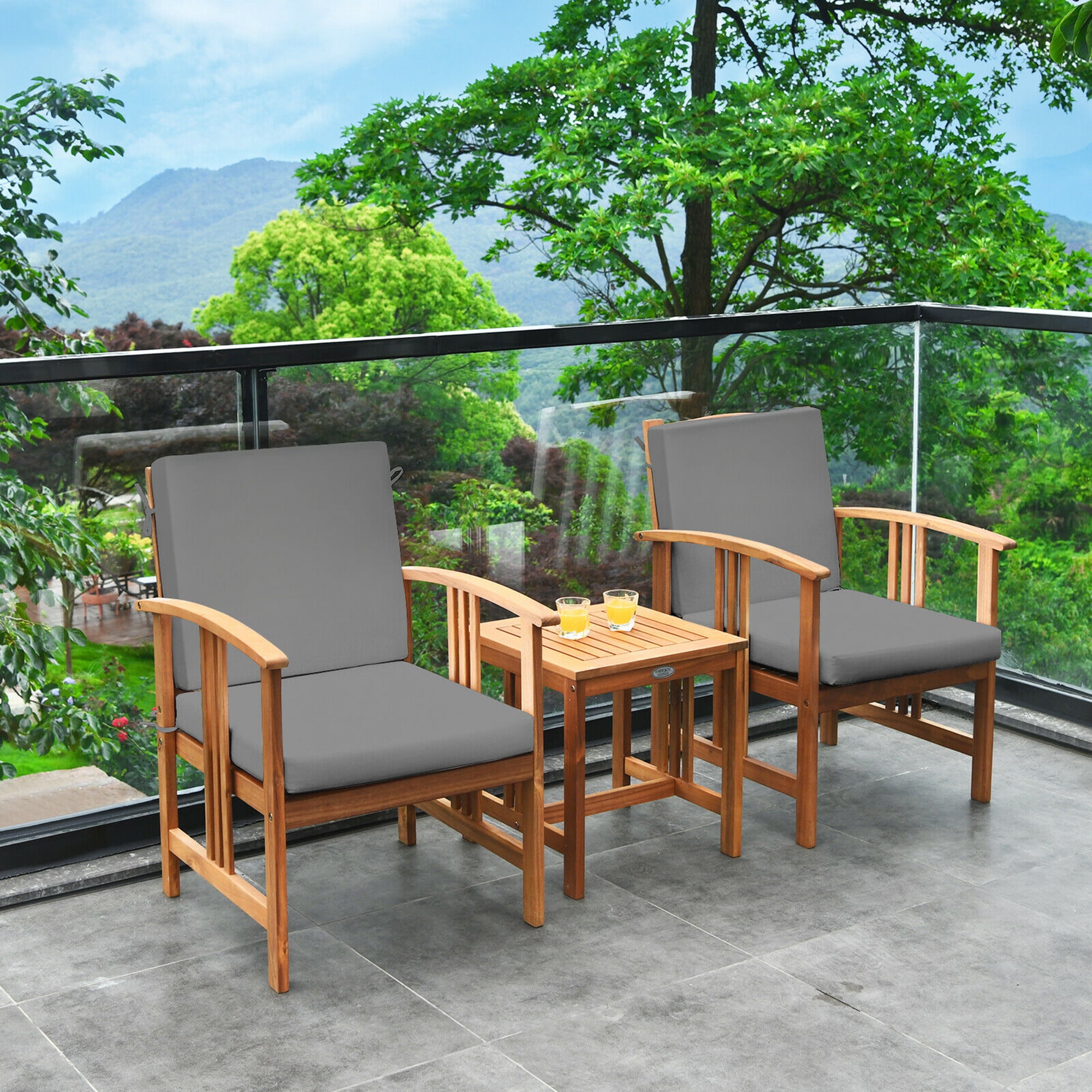 Gymax 3PCS Outdoor Patio Sofa Furniture Set Solid Wood Cushioned Conversation Set Grey
