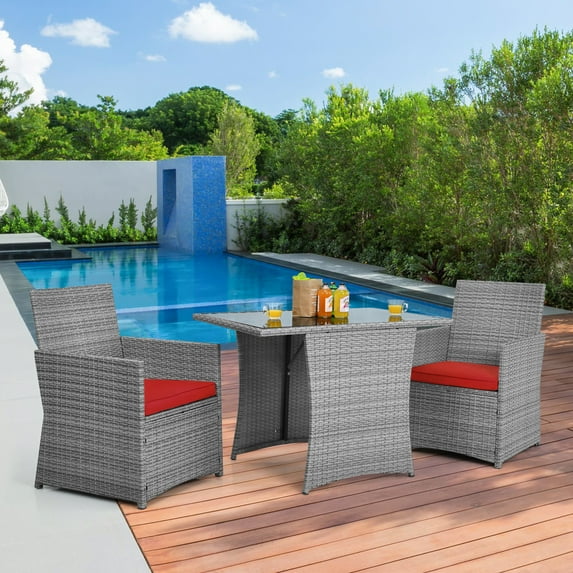 Gymax 3PCS Outdoor Rattan Conversation Set Patio Dining Table Set w/ Red Cushions