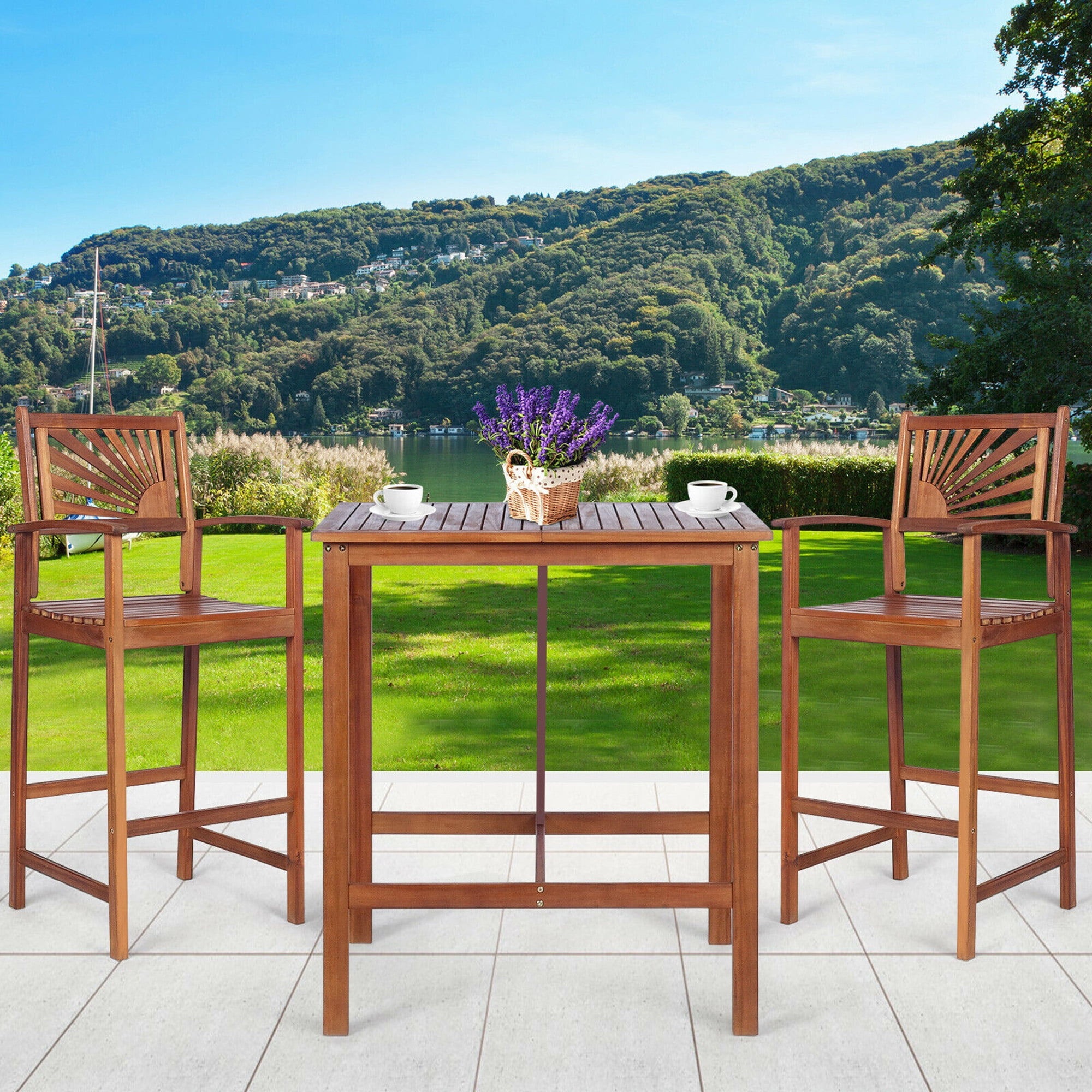 Gymax 3PCS High Top Patio Furniture Set Acacia Wood Pub Table