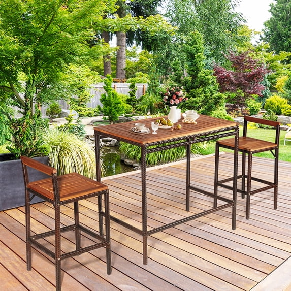 Gymax 3PCS Patio Bar Set Dining Set Outdoor Furniture Set w/ Wooden Tabletop