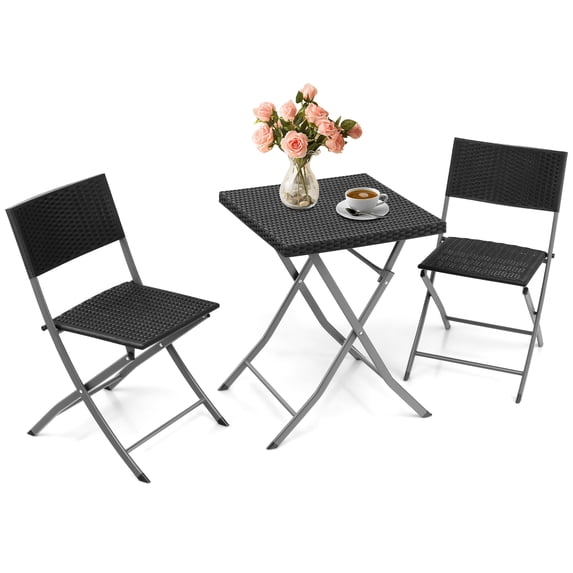 Gymax 3PCS Patio Bistro Set Folding Wicker Chairs & Table Outdoor Patio Furniture Set Black