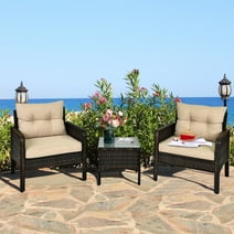 Gymax 3PCS Patio Outdoor Rattan Furniture Set Brown w/ Cushioned Chairs Coffee Table