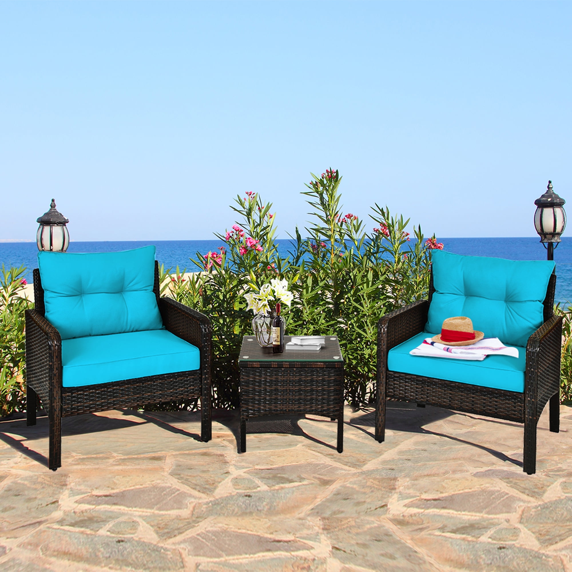 Gymax 3PCS Patio Outdoor Rattan Furniture Set w/ Coffee Table Turquoise Cushion