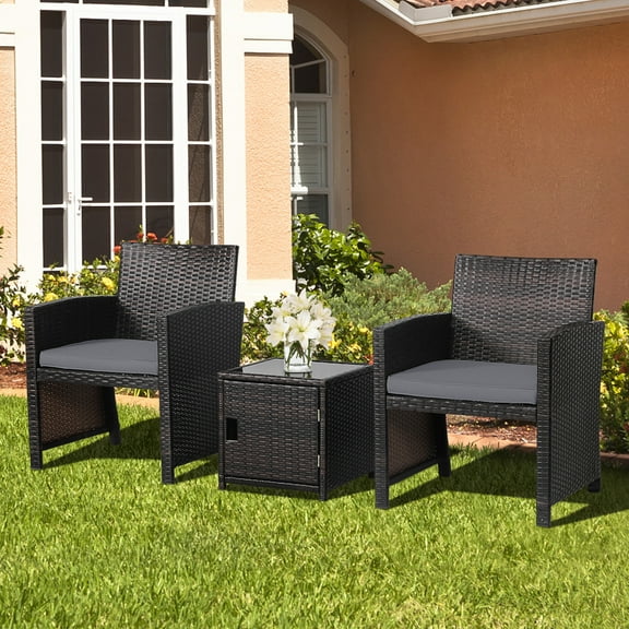 Gymax 3PCS Patio PE Rattan Conversation Furniture Set Bistro Set w/ Waterproof Cover Grey