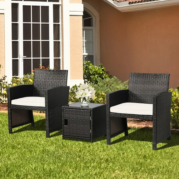 Gymax 3PCS Patio PE Rattan Conversation Furniture Set Bistro Set w/ Waterproof Cover Off White