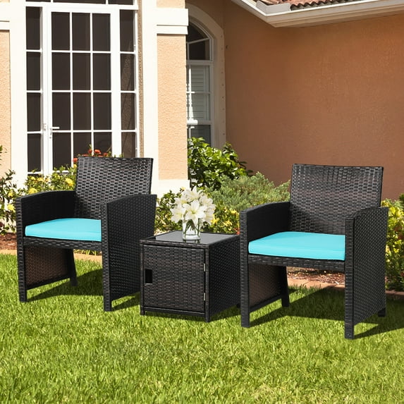 Gymax 3PCS Patio PE Rattan Conversation Furniture Set Bistro Set w/ Waterproof Cover Turquoise